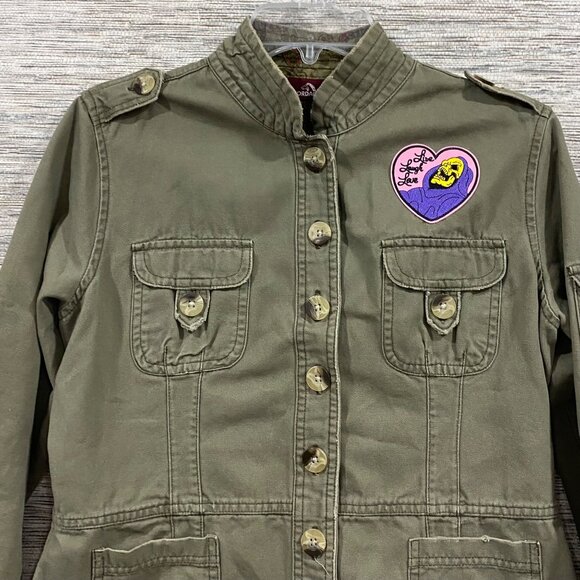 💗Vintage Jordache Olive Utility Jacket Custom “Live Laugh Love” Skeletor Patch - Picture 4 of 8